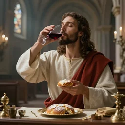 Jesus Christ drinking wine and eating Sacramental bread in a church, cinematic lighting, digital art, extremely detailed