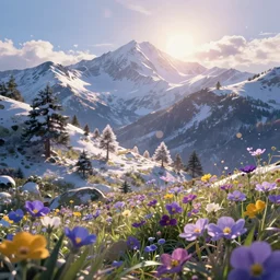 mountain landscape in winter!!!, flowers, trees, bright landscape, dreamy light, sunny, floating particles, complementary palette, by and jacek yerga and jesse king, pop surrealist, wiccan, unreal engine, bokeh, detailed