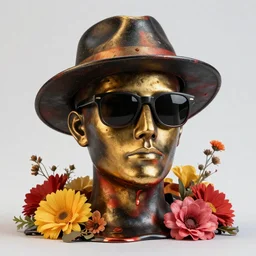 a head made out of melting metal, it is of black and golden and red color, it is wearing sunglasses and a hat, there are flowers all around it