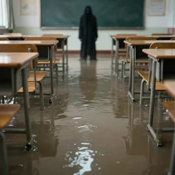 photo of a classroom, the floor is flooded with one meter deep water. dark scary figure in the distance. eerie.