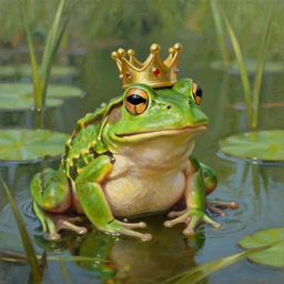 beautiful oil painting painting of a frog wearing a crown in swamp