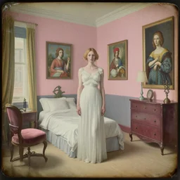 a feminine creature in a liminal hotel room, daguerreotype by edward hopper, by henri rousseau, by Bosch, by Pontormo, art noveau, highly detailed, strong lights, liminal, eerie, Bright pastel colors, octane render, 8k,
