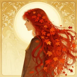 girl with super long hair, hair becoming autumn red leaves, artstation, concept art, illustration, art by artgerm and greg rutkowski and alphonse mucha