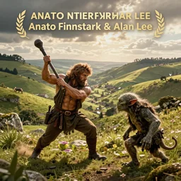 A muscular hobbit swings a club at the head of a goblin.  The rolling hills of the shire are in the background.  Digital fantasy art by Anato Finnstark and Alan Lee.