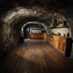 volumetric shadows, volumetric lighting, black goya painting of underground, basement, fisheye, curved perspective, naive, extra narrow, wooden kitchen, large floor, tavern by rhads and gaudi