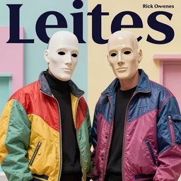 two models in plastic nixon masks wearing baggy colorful 9 0 s jackets by rick owens. magazine ad. pastel brutalist background.