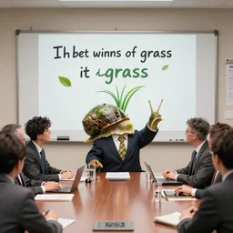 a snail wearing a fabulous suit and tie while in a board room in front of a white board on the wall giving a presentation to silly humans about the importance of grass