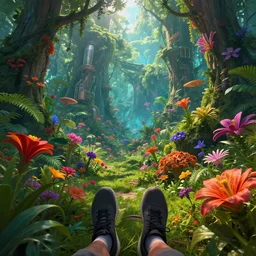 first person perspective digital illustration of a vibrant fantasy jungle with vibrant flowers and plants by industrial light and magic:1|wide angle panoramic by beeple and Roger Dean, viewed from eye level:0.9|fantasy, cinematic:0.9|Unreal Engine, Octane, finalRender, devfiantArt, artstation, artstation HQ, behance, HD, 16k resolution:0.8