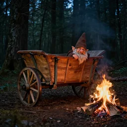 frontier wagon by a campfire in a dark forest, with a mischievous gnome sticking his head out of the wagon