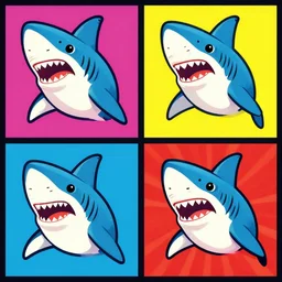 pop art of a shark, 4 panels different colors, cartoon