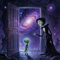 comic book art in the style of bob ross and tim burton, trending on artstation, rain, beautiful, matte painting, galaxy, traveling through time, epic adventure, cinematic composition, realistic, portal, door to another dimension, meeting an alien, cute, adorable