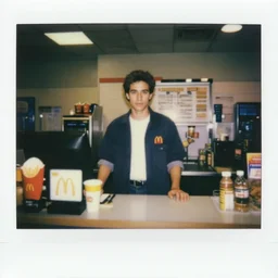 solid snake ( david hayter ) working the front counter of mcdonald's ready to take your order, eighties polaroid, flash photography, photorealistic, kodachrome