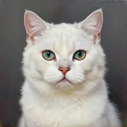 white cat with fashion model face, hyperrealism oil painting portrait