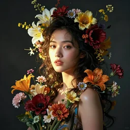 a gorgeous young woman from the future adorned with flowers, creative studio portrait photography with wildly experimental lighting from various sources, cinematic, dramatic, in the style of WLOP and Norman Rockwell