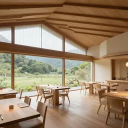 innovative interior design of a restaurant in rural japan, neutral wooden materials, floor - to - ceiling windows with views of nature, artgerm