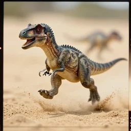 kodak portra 4 0 0, 5 0 mm leica summicron f 1. 2, action photography, long shot, dirty lenses, award winning photo of a tiny dinosaur sprinting fast on the sand, sand splash, fast shutter speed, motion blur, tiny gaussian blur, highly detailed, highly intricate, depth of field, national geographic, 4 k