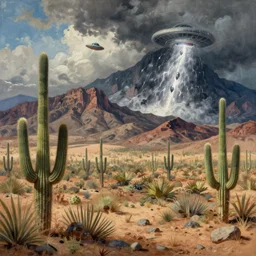 A grand scale painting of a desert landscape with old saguaro cacti, Chisos mountains in the background, a flash flood high up in the mountains on right side, alien flying saucers entering from the left side, In the style of Thomas Cole, Ultra detailed, 4k resolution