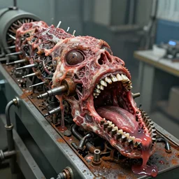 a close up of an elongated machine made of teeth and raw meat rust, dental drills, in a factory, concept art by giger, cgsociety, assemblage, trypophobia, greeble, grotesque, biomechanical open mouth dentist, industrial saliva