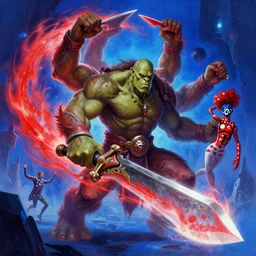 a ultradetailed painting of yidris maelstrom wielder 4 armed orc holding large blade being blast by energy, red and blue gradient with by karl kosinski yayoi kusama raqib shaw dancer mc escher gottfried helnwein magic the gathering art, sci fi, futurism, vibrant colors zbrush sharp focus
