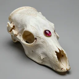 An ancient white bone and ruby gemstone relic, intricate engraving, concept art style, very realistic
