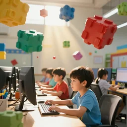 photo of kids working on computers outside in the sun, large colorful blocks floating in the air, bright colors