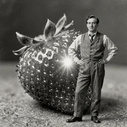 vintage, wrinkled, black and white photograph of a man standing proudly next to an enourmous strawberry