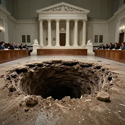 Supreme Court collapsing into a sinkhole during session, cinematography by Stanley Kubrick, 8k