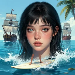 a beautiful emo girl with beautiful eyes and a round face surfing on a surf board in a magical blue lagoon, pirate ships, clear water, palm trees, digital illustration, art by greg rutkowski, intricate, elegant, smooth, amazing detail, concept art, sharp focus, detailed face, cinematic lighting