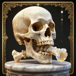 a beautiful 3 d render of a skull eating a human spine made of onyx, on a marble pedestal, hyper detailed, photorealistic, 4 k, trending on artstation, volumetric lighting, award - winning, octane render, tarot card with ornate border frame