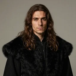 portrait of a young, smug, ancient nobleman with brown skin and long brown hair. he wears black fur clothes by leonid afremov