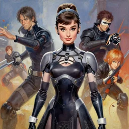 a detailed 3 d render of audrey hepburn as a yorha android, a gouache painting in the style of nier automata, by hikari shimoda, ilya kuvshinov, yoshitaka amano, by shaun tan, by good smile company, portrait, cgsociety, artstation, a modular costume and headpiece, action adventure scene