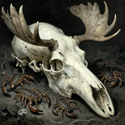scorpions!! crawling through the cavities of a ((large moose skull)), Zdzislaw Beksinski, Wayne Barlowe, gothic, cosmic horror, dystopian, biomorphic, lovecraftian, amazing details