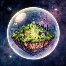 miniature island inside a bubble floating in space, drawing, nebula gradient watercolor, intricate linework, stunning artwork, highly detailed, trending on artstation,
