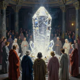 worshippers in robes belonging to the cult of the crystal light gather inside a sma room around the big glowing crystal, big glowing crystal radiating white light, interior, high detailed beksinski painting, part by adrian ghenie and gerhard richter. art by takato yamamoto. masterpiece, deep colours