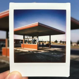 instax polaroid film photo of a nostalgic highway rest stop attraction, faded glow, expired film analog photography