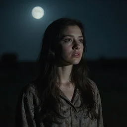film still of a young female with dark features decaying with the thought of her life ahead of her, despondent, waiting in search of some other place, moonlit night, dark mood, accentuated shadows, in style of william mortensen