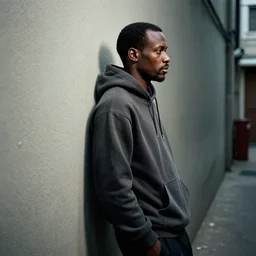 a ultra high resolution photo a black man, 4 0 years old, standing in a huddie. he is standing with his back pressed on the wall in a narrow alleyway. he is selling drug, suspicius look. right profile photo. the light is dim, and the colours are muted.