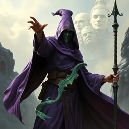 wide shot, acolyte sorcerer, ( ( in a purple magician robe, with a mask ) ), by ralph horsley and johan grenier