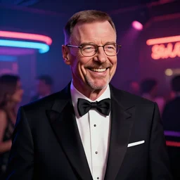 portrait of walter white in a tuxedo, laughing in a modern night club, neon lights
