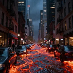 manhattan city streets flooded with lava, view at street level, city at night, in the style of disco elysium, j. c. leyendecker, greg rutkowski, artem