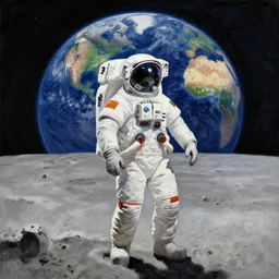 astronauts walking on the moon with earth on the background, painting style of samdoesarts