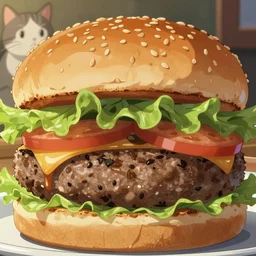 full close up image burger food, burger and a cat, photo of a burger and a cat, close up, full image, food, burger, hamburger, tasty look, artstation, style of jesper ejsing, by rhads, makoto shinkai and lois van baarle, ilya kuvshinov, rossdraws