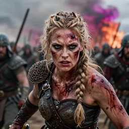 Ultrawide realistic photo of a bloody fierce viking woman, leading a battle, battle-scarred mind-blowing details, highly detailed face, ethereal, ominous, scarred, highly detailed, viking attire, cinematic, 16k, 1080s,  smooth, sharp focus, by Stanley Artgermm, WLOP, trending on DeviantArt, trending on ArtStation, full of color, digital art, Vibrant colors, Smooth gradients, High contrast, depth of field, shot on Canon Camera