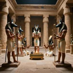 a 1 9 5 0's technicolor cinematic scene of actors playing egyptian gods with animal heads, having a ceremony in a moonlit temple in karnak, realism, superior lighting, atmospheric