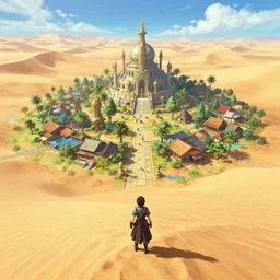 an isolated but lively village with spiritual sacred alien architecture in the lush oasis of a vast hot sand desert, 3 rd person action adventure, screenshot, gameplay, final fantasy, square enix, jrpg, cutscene, unreal engine, 4 k, ultra high settings, rtx, next gen graphics, playstation 5, greg rutkowski, tetsuya nomura, concept art