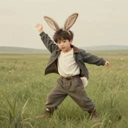 harmony of grasslands, cute jungkook with bunny ears & tail wearing jacket & pants, amazing composition & dynamic posing, by franz xavier leyendecker, wlop! muted colors, highly detailed, fantasy art by craig mullins, thomas kinkade cfg _ scale 9