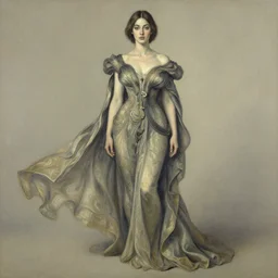 a full body portrait of a woman by justin ridler wearing an intricate billowing dress, face in the style of irakli nadar