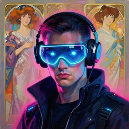 neon cyberpunk hacker with glowing geordi visor and headset headshot portrait painting by donato giancola, kilian eng, john berkley, hayao miyazaki, alphonse mucha, mead schaeffer fashion photography