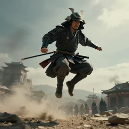 samurai epic jump, movie shot, 35mm, feels epic, atmospheric, photo-real, 8K render, cinematic lighting