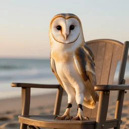 barn owl standing in a chair at the beach, canon photo, very detailed, winning award photo, golden hour